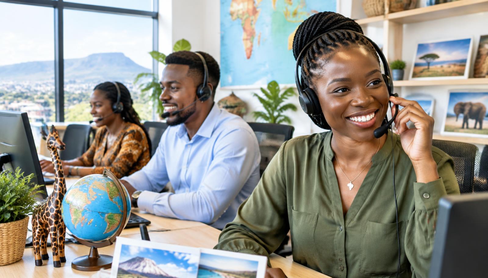 Harmaz Travel support team answering traveller calls in the Addis Ababa office